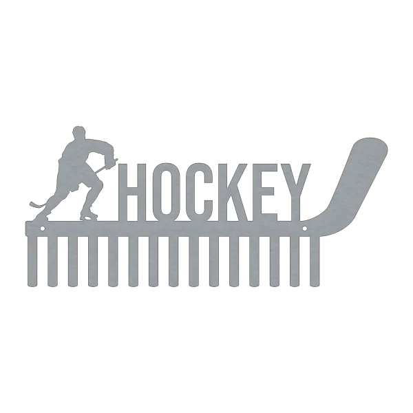 This medal holder features a hockey stick design with the word 'HOCKEY' and a player silhouette. It includes 15 hooks for displaying medals. Made from steel with a raw steel finish, it measures 18 inches wide by 8.5 inches high.
